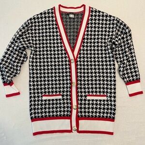VENUS Black and White Houndstooth Cardigan with Red Accents
